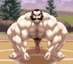 balls bara bent_over boner erection gay hairy hitenmaru kamado_(pokemon) male male_only muscles muscular nude penis pokemon pokemon_legends:_arceus solo solo_male sweat sweating sweaty