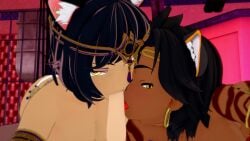 1boy 2022 2girls 3d cat_ears catgirl collaborative_fellatio dark-skinned_female double_blowjob eye_contact fellatio female kali_belladonna koikatsu licking_penis male milf muffin_fox9 multiple_girls oral oral_sex pixiv pov rwby seductive_eyes sienna_khan teamwork