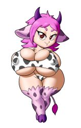 1girls big_breasts bikini breasts brown_eyes cow_ears cow_print_bikini female female_only hair horns huge_breasts jackie_moo nipples nipples_visible_through_clothing original_character pink_hair short_hair shortstack solo solo_female tail tansau thick_thighs thighhighs thighs