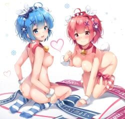 2girls big_breasts blue_eyes blue_hair breasts chintora0201 eyes eyes_open female female_only females females_only hair multiple_girls nipples oni pink_hair ram_(re:zero) re:zero_kara_hajimeru_isekai_seikatsu red_eyes rem_(re:zero) young