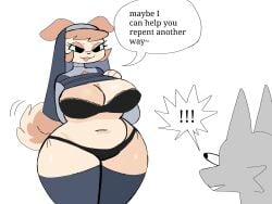 !!! 2022 anthro aroused bangs belly big_breasts black_bra black_clothing black_eyes black_panties black_underwear blue_sclera bra breasts canid canine canis cheek_tuft chubby_anthro chubby_female cleavage clothed clothing dialogue digital_media_(artwork) duo english_text exclamation_point facial_tuft female fluffqween frown fur furry furry_only grey_body grey_clothing grey_legwear grey_stockings hair hi_res legwear lidded_eyes lingerie looking_at_viewer mammal navel nun open_mouth orange_ears orange_hair panties presenting presenting_breasts puppkittyfan1 puppychan puppychan48 raised_clothing raised_outfit raised_topwear seductive simple_background slightly_chubby smile solo speech_bubble stockings surprised_expression tail tan_body tan_fur teeth text thick_thighs three-quarter_view topwear tuft underwear wide_eyed wide_hips