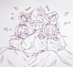 3girls :d ^_^ blush breast_grab breasts closed_eyes commentary_request cum cum_on_body cum_on_breasts cum_on_hair djeeta_(granblue_fantasy) draph eyebrows_visible_through_hair fediel_(granblue_fantasy) grabbing granblue_fantasy hair_between_eyes hair_ornament heart highres horns large_breasts monochrome multiple_girls nipples satyr_(granblue_fantasy) short_hair skull_hair_ornament smile traditional_media tsukareta_san yuri