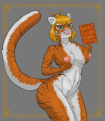 alicethedeer anthro blonde_hair felid female fluffy fluffy_tail fur genitals green_eyes hair hi_res licking licking_lips looking_at_viewer lunar_new_year mammal nipples nude orange_body orange_fur pantherine pussy shaded solo tiger tongue tongue_out white_body white_fur