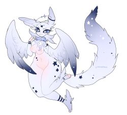 absurd_res anthro bell bell_collar chest_tuft collar female genitals halo hi_res hybrid markings navel nipples pawpads pukemilked pussy solo spiked_collar spikes star star_marking star_pupils tuft wings