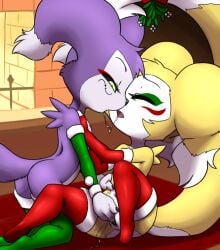 2girls ass christmas closed_eyes digimon drooling female female/female female_only fingering furball furry gloves hybrid open_mouth pussy reinamon renimpmon stockings tongue yuri