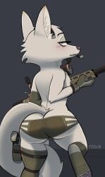 2019 absurd_res anthro arctic_fox ass blue_eyes blush canid canine clothed clothing disney elbow_tufts female flat_chest fox gloves grey_background gun half-closed_eyes handgun handwear head_tuft headgear headphones headset hi_res holding_object holding_weapon holster looking_back mammal neck_tuft panties pawpads pistol ranged_weapon rear_view rifle signature simple_background skye_(zootopia) sniper_rifle solo tactical_gear toeless_shoes topless tuft underwear weapon yitexity zootopia zootropolis