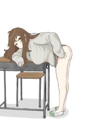 1girls bending_over bending_over_desk bored brown_hair geee529 orange_eyes school_uniform schoolgirl white_background