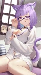 animal_ear_fluff animal_ears bangs blush breast_pocket breasts button_gap cat_ears cat_girl cat_tail collar collared_shirt dot_nose dress_shirt female glasses groin hair_between_eyes hand_up highres hololive hololive_gamers hololive_japan inugami_korone large_breasts long_sleeves looking_at_viewer naked_shirt navel nekomata_okayu oerba_yun_fang open_mouth partially_unbuttoned pocket roina shirt simple_background solo tail tail_raised virtual_youtuber white_shirt