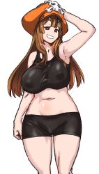 1girls alternate_breast_size bike_shorts blush bra breasts brown_eyes brown_hair curvy dekosukentr guilty_gear guilty_gear_strive hat large_breasts long_hair may_(guilty_gear) simple_background solo spats sports_bra thick_thighs thighs underwear white_background