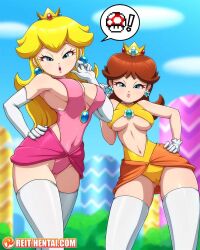 2girls alternate_breast_size big_breasts blonde_hair blue_eyes brown_hair cameltoe crown female_only large_breasts looking_at_viewer looking_down mario_(series) nintendo princess_daisy princess_peach reit small_clothes super_mario_bros. tagme watermark