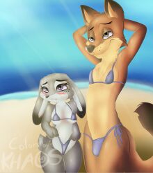 anthro beach bikini blush breasts bulge canid canine crossdressing disney erect female fox fur girly hi_res joykill judy_hopps lagomorph leporid male mammal nick_wilde outside rabbit sand seaside shy side-tie_bikini small_breasts smile swimsuit swimwear water zootopia zootropolis