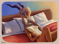 10s 2019 antelope anthro bed blonde_hair bovid breasts brown_eyes closed_eyes cuddling disney duo ears_down eyeshadow female female/female fur gazelle gazelle_(zootopia) hair half-closed_eyes hi_res horn hug inside interspecies judy_hopps lagomorph larger_female leporid long_neck looking_down lying makeup mammal multicolored_fur nipples nude on_back on_bed pillow pivoted_ears rabbit s1m size_difference sleeping small_breasts two_tone_fur zootopia zootropolis