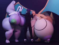 3d_(artwork) anthro ass big_breasts big_butt blender_(software) blush breasts darkdraketom digital_media_(artwork) dragon dragonite female goodra group hand_on_breast head_pat hi_res huge_breasts human hyper hyper_breasts large_wings larger_female male mammal nintendo petting pokémon_(species) pokémon_trainer pokemon pokemon_(species) simple_background size_difference smaller_male thick_thighs video_games