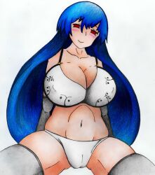 1girls black_legwear blue_hair blush bra breasts female legwear long_hair megamoo panties red_eyes smile solo solo_female tenshi_hinanawi touhou