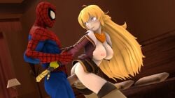 1boy 1girls blonde_hair crossover female loverlassysponk male marvel penis rwby spider-man spider-man_(series) straight straight_hair straight_sex yang_xiao_long