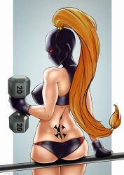 1girls ass ass_focus assassin big_ass big_breasts braided_hair breasts callidus_assassin face_mask female female_focus female_only fully_clothed hourglass_figure imperium_of_man mask masked_female nipple_bulge nipples_visible_through_clothing officio_assassinorum orange_hair red_eyes sidneydesenhus solo solo_female solo_only sports_bra sports_shorts sportswear tight_clothing warhammer_(franchise) warhammer_40k