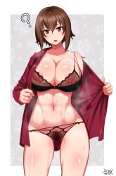 ? abs areola_slip areolae artist_name bangs black_bra black_panties bra breasts brown_eyes brown_hair cleavage commentary_request cowboy_shot dress_shirt eyebrows_visible_through_hair female female_pubic_hair girls_und_panzer highres huge_breasts long_sleeves looking_at_viewer lowleg navel_piercing nishizumi_maho no_pants open_clothes open_mouth open_shirt opened_by_self panties piercing pubic_hair rasson red_shirt see-through shirt short_hair signature skindentation solo standing steam sweat thighs underwear undressing