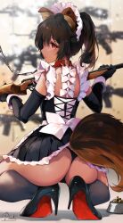 animal_ears apron ass black_gloves black_hair chains collar dog_ears dog_tail female gloves high_heels highres looking_back maid maid_apron maid_headdress original ponytail red_eyes short_hair tail weapon yuzuyu7cat