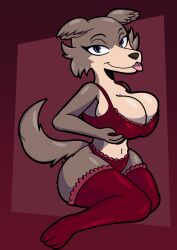 2022 absurd_res anthro beastars big_breasts black_nose blep bra breasts canid canine canis cleavage clothed clothing curvy_figure female fur grey_body grey_fur hi_res juno_(beastars) legwear lingerie looking_at_viewer mammal multicolored_body multicolored_fur panties smile solo someth1ngoranother stockings tan_body tan_fur thick_thighs tongue tongue_out two_tone_body two_tone_fur underwear wolf