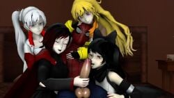 1boy 3d 4girls black_hair blake_belladonna blonde_hair crossover faunus group_sex handjob human licking_penis light-skinned_male loverlassysponk male marvel mask penis penis_lick red_hair ruby_rose rwby spider-man spider-man_(series) straight_hair team_rwby weiss_schnee white_hair yang_xiao_long