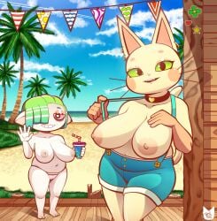 <3_eyes anthro beach beverage big_breasts bikini bikini_bottom breasts choker clothed clothing domestic_cat duo felid feline felis female gesture green_sclera heart hi_res holding_beverage holding_object huge_breasts humanoid humanoid_pointy_ears jewelry looking_at_viewer mammal mimi_(tophatmahoney) necklace open_mouth open_smile overalls red_sclera seaside shortstack smile swimwear tophatmahoney topless waving