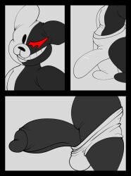 adultpartypunch anthro balls black_body bulge clothed clothing comic danganronpa erection erection_under_clothing genitals glistening glistening_clothing grin hi_res imminent_sex male male_only monokuma no_humans nude penis plushie plushophilia smile smooth_skin solo teeth underwear white_body