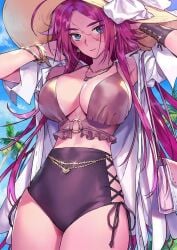 armlet beach blue_eyes blush bracelets busty earrings face_scar fate/grand_order fate_(series) francis_drake_(fate) high_waisted_bikini high_waisted_bottomwear o-ring_bikini o-ring_top palm_trees pink_hair purse sunhat waist_chain white_dress_shirt