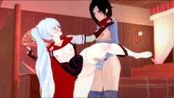 2022 2girls 3d female koikatsu muffin_fox9 outfit_swap red_hair ruby_rose rwby sex_toy strap-on weiss_schnee white_hair yuri