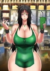 1girls abigail_(hukiguni) black_hair blue_eyes breasts female female_only green_apron holding holding_object huge_breasts hukiguni iced_latte_with_breast_milk looking_at_viewer meme naked_apron original pen solo solo_female thick_thighs thighs wide_hips