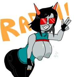 1girls ass big_breasts black_hair black_lips blush breasts breasts_out clothing dialogue errorplush fingerless_gloves glasses grey_skin homestuck horns latula_pyrope ms_paint_adventures nipples red_glasses sharp_teeth short_hair smile solo text thick_thighs troll white_background wide_hips yellow_nails