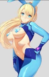 1girls 2020 blonde_hair blue_eyes breasts bunny_ears bunnysuit female female_focus female_only heart heart_pasties ippers long_hair metroid nintendo nipple_stickers reverse_bunnysuit samus_aran