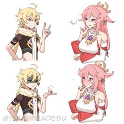 1boy 1girls aether_(genshin_impact) ahoge blonde_hair blush genshin_impact pink_hair sexually_suggestive sign_language yae_miko yuushiba