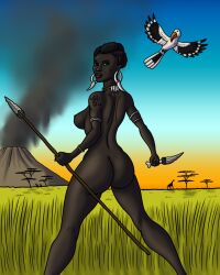 african_female amazon animals back_view big_breasts casual dark_skin dat_ass eve exhibitionism exposed_breasts female holding_weapon human looking_at_viewer neckwear nude prehistoric savanna solo spear tyrannoninja volcano weapon