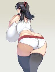 ass_cleavage backboob big_breasts black_hair black_legwear black_thighhighs booty_shorts butt_crack crop_top female female_only headphones huge_ass huge_breasts looking_at_viewer looking_back masao massive_breasts original plump short_shorts shorts sleeveless solo thick_thighs thighhighs zettai_ryouiki