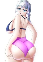 1girls ass ass_focus ass_lift ass_support big_ass big_breasts big_butt bikini_top blue_eyes booty_shorts breasts bubble_ass bubble_butt dat_ass fat_ass female gluteal_fold hand_on_ass huge_ass huge_butt lifting_ass original original_character simple_background solo solo_female thick thick_thighs white_background white_hair