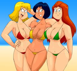 3girls alex_(totally_spies) alternate_costume black_hair blonde_hair breasts clover_(totally_spies) dark_skin female group human light_skin madoldcrow1105 outdoors outside red_hair sam_(totally_spies) swimsuit swimwear totally_spies