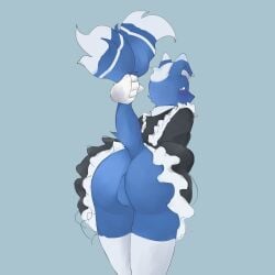 absurd_res anthro ass balls blush blush_lines clothed clothing crossdressing disembodied_hand embarrassed felid feline femboy fluffy fluffy_tail genitals hi_res i_will_dance_only_if_the_beat_is_funky maid_uniform male male_meowstic mammal meowstic neck_tuft nintendo pokémon_(species) pokemon solo tuft uniform video_games