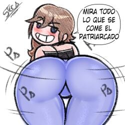 1girls ass ass_focus brown_hair female female_only heterochromia jeans long_hair looking_at_viewer ponytail sexually_suggestive spanish_text steca thelazyart twerking una_alienada white_background youtube youtube_hispanic youtuber youtuber_girl