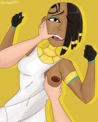 1girls 1other black_hair breast_grab droners duo egyptian female hannah_(droners) inkukappansfw nipple_piercing nipples open_mouth open_smile simple_background smile yellow_background