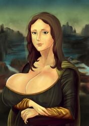 antique breasts brown_hair fine_art_parody green_clothing huge_breasts landscape long_hair mona_lisa portrait public_domain white_skin