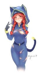 6yoshi9 brawl_stars cat_burglar_jessie cat_ears jessie_(brawl_stars) looking_at_viewer red_eyes red_hair ripped_bodysuit ripped_clothing smile tagme tail