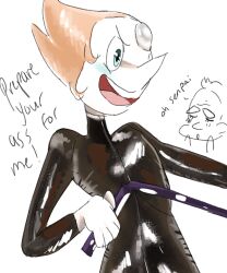 bill_dewey blush bodysuit bondage catsuit domination dominatrix femdom flat_chest grin holding_object holding_whip k-chan latex latex_bodysuit latex_suit malesub mayor_dewey pearl_(steven_universe) shiny steven_universe whip