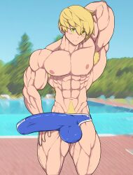 1boy big_penis blonde_hair blush erection flexing_biceps lostanemone male male_focus male_only muscular_male shy swimming_pool tagme underwear