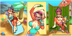 2020 absurd_res after_masturbation ambiguous_gender animal_crossing anthro audie_(animal_crossing)_(cosplay) beach billie_corneja bodily_fluids breasts cosplay day disguise domestic_pig eyewear eyewear_on_head hair heart hi_res koabao looking_at_viewer mammal nintendo outside pink_hair seaside sequence short_hair smile solo suid suina sunglasses sunglasses_on_head sunscreen sus_(pig) sweat swimsuit video_games water