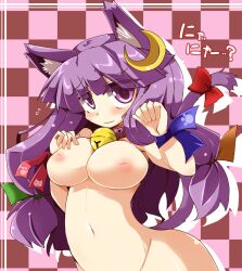 animal_ears bell bell_collar bow breasts cat_ears cat_tail catgirl collar crescent crescent_hair_ornament crescent_moon eyebrows_visible_through_hair female female female_only hair_ornament hairbow inverted_nipples jingle_bell kemonomimi_mode large_breasts long_hair moon nekomimi nipples no_hat no_headwear nude patchouli_knowledge purple_eyes purple_hair ribbon shirogane_(platinum) solo tail touhou