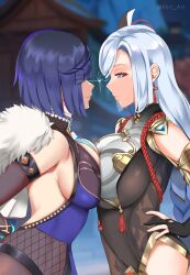 2girls absurd_res arched_back bangs bare_shoulders big_breasts blue_hair bodysuit braid braided_hair breast_press breast_squeeze breast_squish breasts catfight clothed clothing detailed_background elbow_gloves eye_contact female genshin_impact gloves green_eyes hair_ornament hair_over_one_eye hand_on_hip hand_on_own_hip hands_on_hips hi_res highres huge_breasts large_breasts long_hair looking_at_another purple_hair rivals shenhe_(genshin_impact) short_hair shoulders side_view sideboob standing tight_clothing white_hair xkit69 yelan_(genshin_impact)