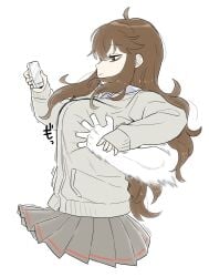 ahoge bored bored_expression brown_hair cellphone geee529 groping groping_from_behind looking_at_phone school_uniform white_background