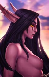 1girls areolae breasts elf elf_ears female female_only flat_chested long_hair night_elf nipples nude personalami pointy_ears purple_hair purple_skin small_breasts solo thelema world_of_warcraft