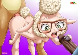 1girls 2boys anal anal_sex anthro ass balls bbmbbf blush breasts dawn_bellwether disney female fur34 furry glasses handjob imminent_oral male male/female medium_breasts nude open_mouth oral oral_sex palcomix penis sex sheep spitroast threesome tongue zootopia zootropolis