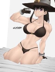 1girls bed bedroom belly_button big_breasts bikini black_bikini black_swimsuit dark_hair enen_no_shouboutai feet_out_of_frame fire_force flexing flexing_bicep flytrapxx gloves light-skinned_female light_skin looking_at_viewer muscular muscular_female oze_maki purple_eyes smile smiling smiling_at_viewer swimsuit thick_thighs thighs toned toned_body toned_female witch_hat